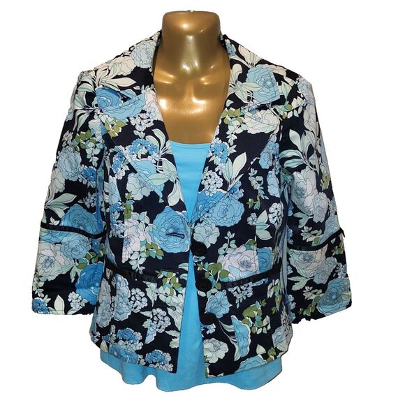 Vintage 90s Rampage Medium Blue Floral Blazer Fitted Cropped 3 Button Jacket - Picture 7 of 16